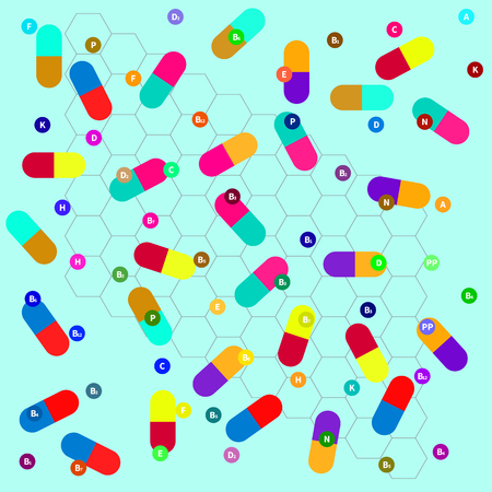 Vector illustration of a concept of beriberi. Background of pills and vitamins.のイラスト素材