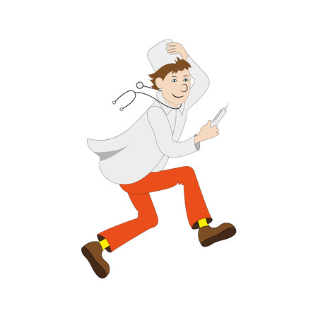 Vector illustration of cartoon funny running doctor with a medical syringe. The doctor in a white coat and cap. Isolated white background. The medical profession.のイラスト素材