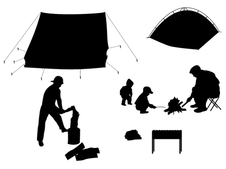 Vector illustration silhouette of outdoor recreation with children. Camping with children. Isolated on white background. Silhouette of people with tents and barbecue.のイラスト素材