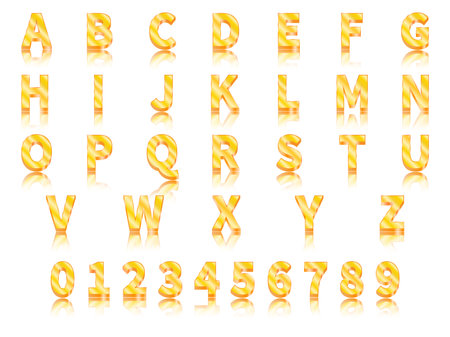 Vector illustration volumetric gold letters on a white background. English alphabet with numbers. Big 3d letters and numbers. Isolated on white background. Mirroring letters.のイラスト素材
