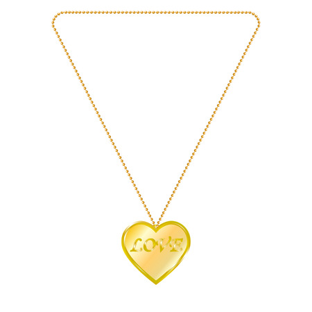 Vector illustration of gold jewelry in the form of heart on a chain. Golden pendant. On an isolated white background. Inscription love.のイラスト素材