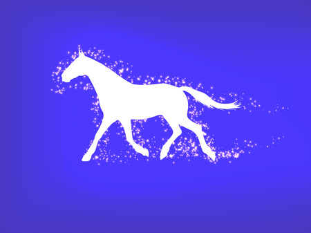Vector illustration of a silhouette of a running horse on a blue background. Running horse in the magic dust.のイラスト素材