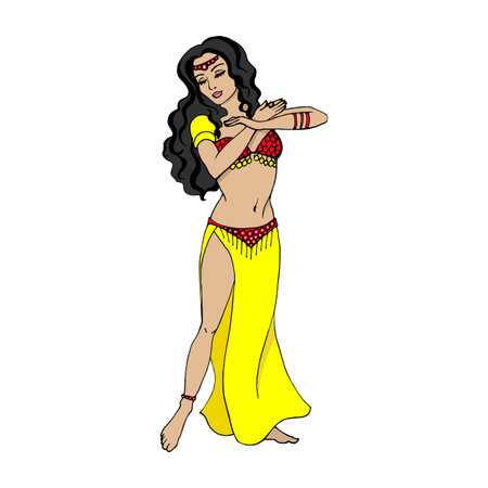 Vector illustration of a concept of belly dancing. Dancing beautiful sweet girl isolated on white background. Bollywood Dance.のイラスト素材
