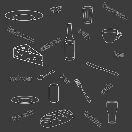 Vector illustration of a seamless pattern of kitchen utensils. Background to the tavern bar cafe.のイラスト素材