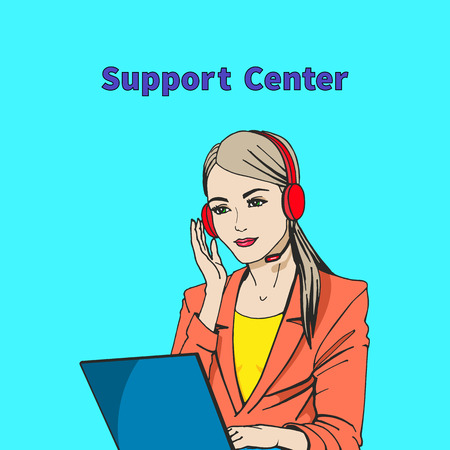 Vector illustration of a concept of support center. Beautiful girl talking on the microphone and headphones with the laptop.のイラスト素材