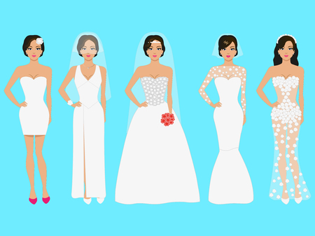 Vector illustration of a set of wedding dresses. Beautiful girl in evening dress white. The dress on prom night, a celebration, a party.のイラスト素材