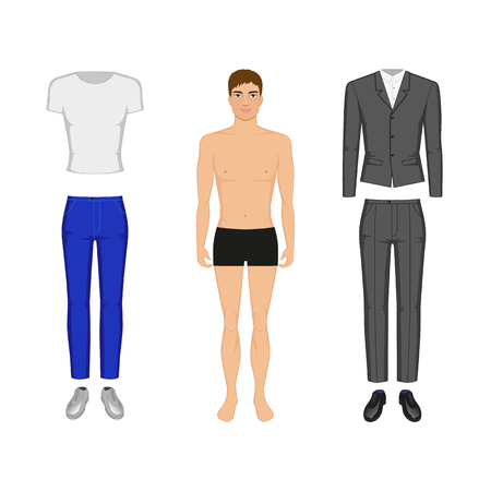 Vector illustration of a man in his underwear. Selection of casual wear or evening dress. On an isolated white background.のイラスト素材