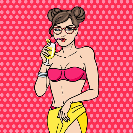 Vector illustration pop art of a beautiful young girl in glasses drink cocktail through a straw from a glass. Comic woman in underwear in a swimsuit drinking lemonade at a party.のイラスト素材