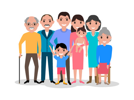 Vector illustration of a cartoon dear happy family. Drawing, image isolated on white background. Big lovely family portrait. Flat style. Picture grandfather, grandmother, parents with their children.のイラスト素材