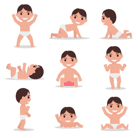 Vector illustration set of cartoon child toddler. Drawing, picture isolated on white background. Dancing kid, infant sitting on the pot. Collection funny cute baby. Flat style. Child learns to walk.のイラスト素材