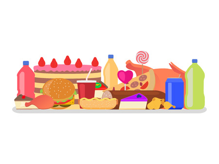 Vector illustration heap set of colorful food. Harmful to health snack. Drinks, sweets and fatty meal. Picture, drawing isolated on white background. Flat style. Junk nutrition.のイラスト素材