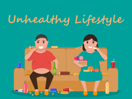 Illustration concept unhealthy lifestyle, human laziness. Cartoon fatty husband and wife sitting on couch and eat junk food. Fat man, woman obese on sofa. Flat style. Harmful food for health.のイラスト素材
