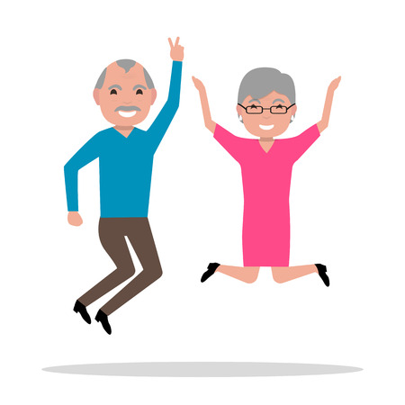 Vector illustration cartoon jumping from happiness elderly. Leaping for joy older people. Picture isolated on white background. Flat style. Happy grandparents laughing and rejoice.のイラスト素材
