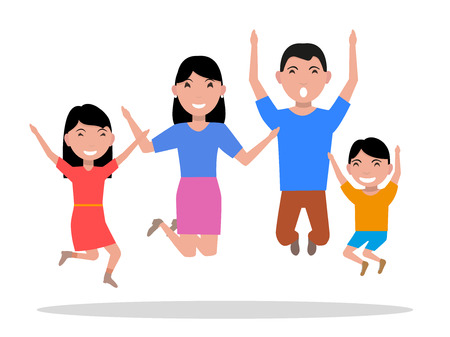 Vector illustration cartoon jumping of happiness family. Parents and their children leap with joy. Image isolated on white background. Flat style. Mother, father and babies rejoice.のイラスト素材