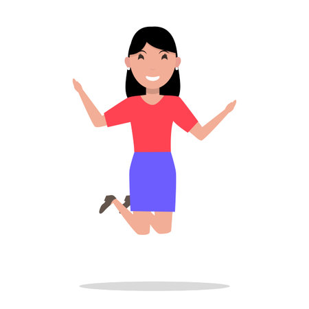 Vector illustration of a cartoon woman jumping of happiness. Picture isolated on white background. Flat style. Joyful fun bouncing female. Adult girl leaping for joy. Happiness emotion.のイラスト素材