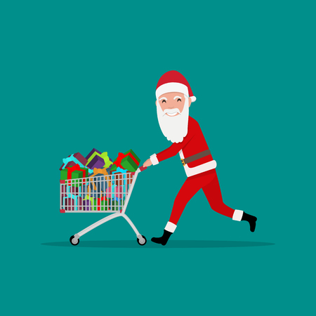 Vector illustration cartoon Santa Claus running with shopping trolley full of presents. Christmas sale concept. Flat style. Santa makes gift buying in the supermarket.のイラスト素材