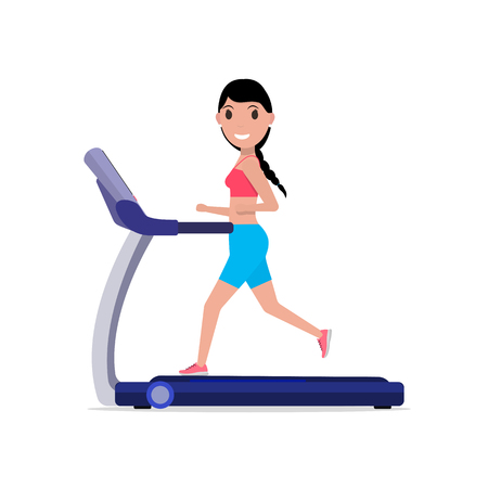 Vector illustration cute cartoon beautiful girl running on a treadmill. Sporty young woman on a training apparatus running track. Isolated on white background. Flat style. Side view, profile.のイラスト素材