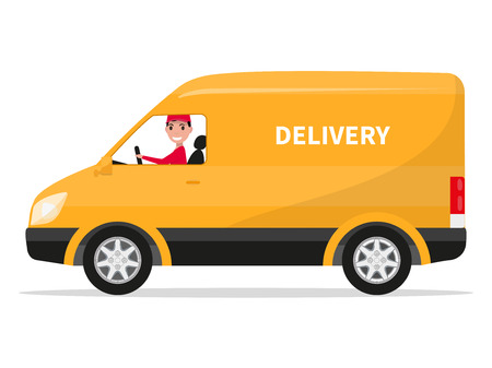 Vector illustration of cartoon delivery van with deliveryman. Isolated on white background. Flat style. Side view, profile. Yellow truck delivery. Courier delivery sitting in the car. Cargo auto.のイラスト素材