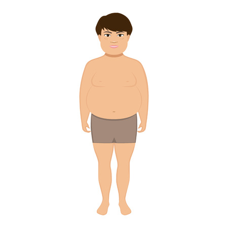 Vector illustration of cartoon little cute fat boy. Child suffering from obesity. Kid with overweight. Isolated white background. Flat style. Concept of childhood obesity. Fat boy in underwear.のイラスト素材