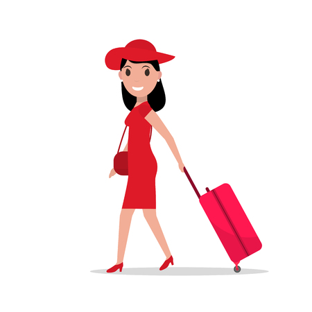 Vector illustration of cartoon fashionable girl with a suitcase on wheels. Elegant fashion woman going travel. Isolated white background. Flat style. Female traveler. Woman with travel luggage.のイラスト素材