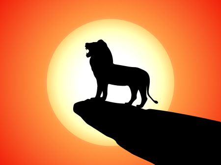 Vector black silhouette snarling lion on a rockのイラスト素材