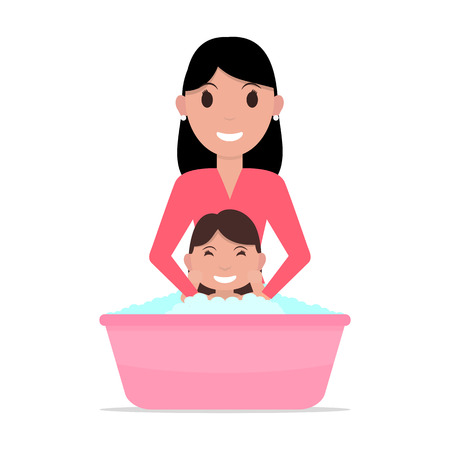 Vector illustration of a cartoon mother bathes a baby. Isolated white background. Flat style. A woman washes a child girl. Kid takes a bath.のイラスト素材