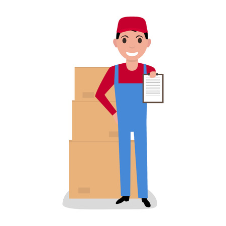 Vector cartoon delivery man with cardboard boxesのイラスト素材