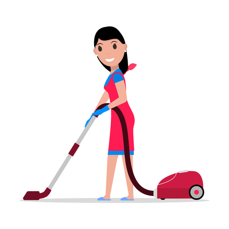 Vector cartoon girl with a vacuum cleanerのイラスト素材