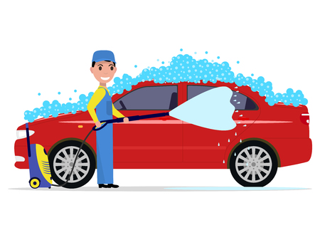 Vector illustration of a cartoon man washes a carのイラスト素材