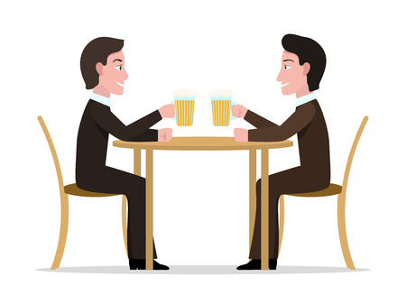 Vector illustration of two cartoon men drinking alcohol. Isolated white background. Businessmen are drinking beer at the table. Friends in suits are holding glasses. Flat style.のイラスト素材