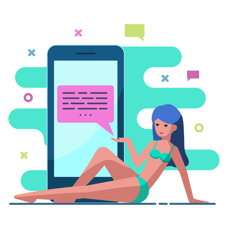 Vector illustration of a cute beautiful girl lies next to a mobile phone and message. The concept of acquaintance on the phone. Flat style.のイラスト素材