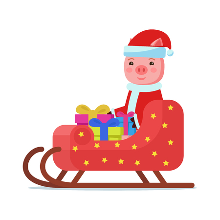 Vector illustration of cute pink cartoon piggy sitting in colorful sleigh with gifts. Isolated white background. A little pig in Santa Claus costume carries gifts in a sleigh. Flat style.のイラスト素材