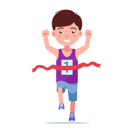 Vector illustration of a cartoon boy running and winning a marathon. Isolated white background. Kid runner winner. The child finishes the first race. Flat style.のイラスト素材