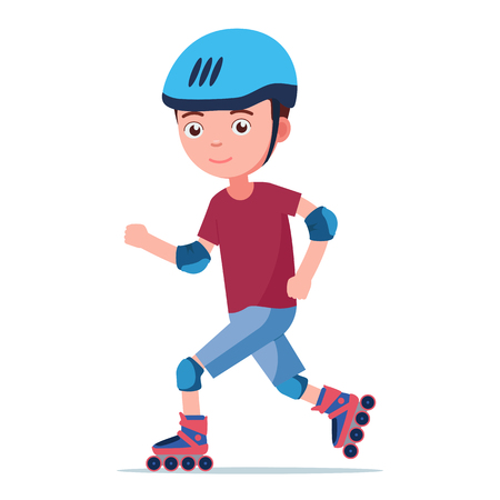 The boy rides on roller skates. The child in the helmet and the protection quickly edith on rollers. Vector illustration isolated on white, flat style.のイラスト素材