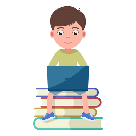 Boy sits on the books and works engaged in a laptop. A child learns by computer. Vector illustration isolated on white, flat style.のイラスト素材