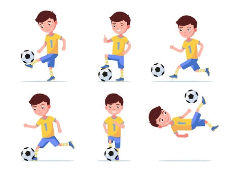 Set boy soccer player plays footballのイラスト素材