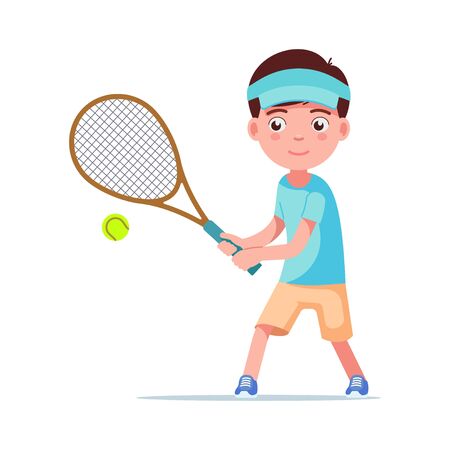 Boy tennis player beat the ball with a racket. Small child plays tennis. Vector illustration isolated on white, flat style.のイラスト素材