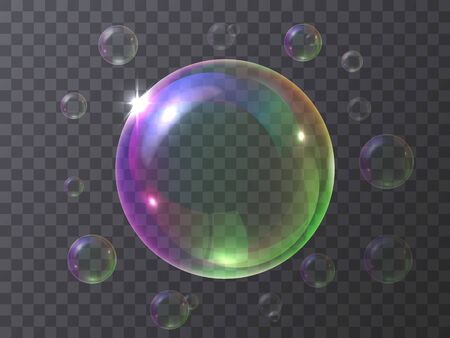 Realistic soap bubbles isolated on a transparent background. Rainbow color balls flying in the air. Vector illustration 3d soap bubbles.のイラスト素材