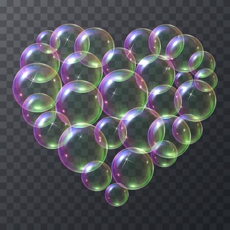 Soap bubbles in the shape of a heart flying in the air. Vector illustration set of sparkling soap bubbles resembling a heart isolated on a transparent background.のイラスト素材