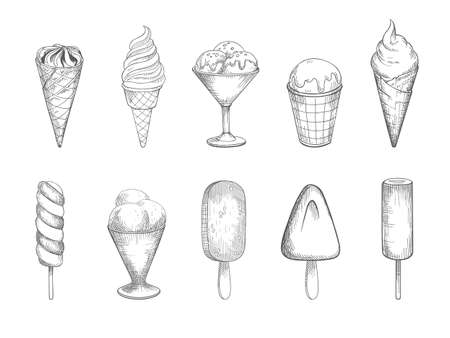 Collection of different ice cream in a retro styleのイラスト素材