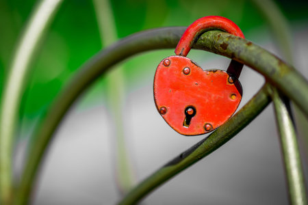 Metal lock in the shape of a heart on a fence on a green background