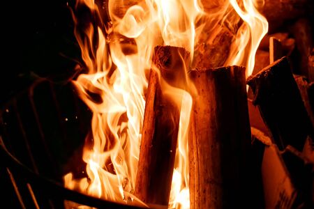 Flames of a campfire in the nightの写真素材