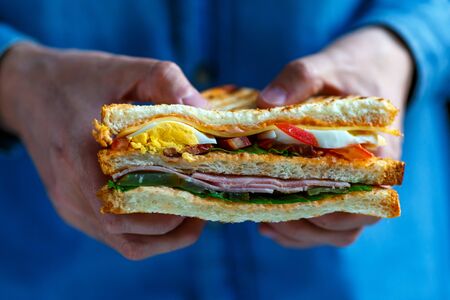 Delicious club sandwich with french fries at a diner.の写真素材