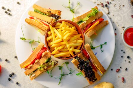 sandwiches with fresh vegetables and chicken with fried potatoes on a white tableclothの写真素材