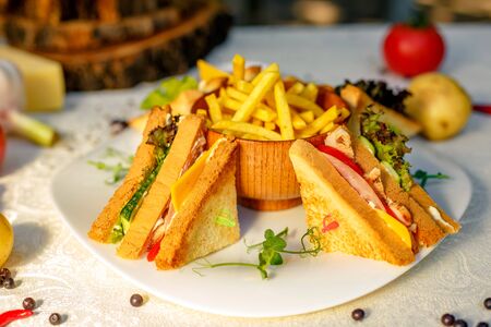sandwiches with fresh vegetables and chicken with fried potatoes on a white tableclothの写真素材