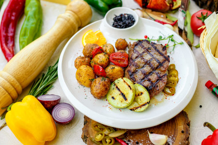 BBQ, juicy steak with grilled vegetables and sauce on a white plateの写真素材