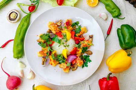 beautiful salad with rice and vegetables, healthy foodの写真素材