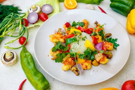 beautiful salad with rice and vegetables, healthy foodの写真素材