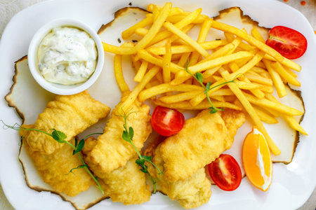 Breaded chicken with French fries and sauce