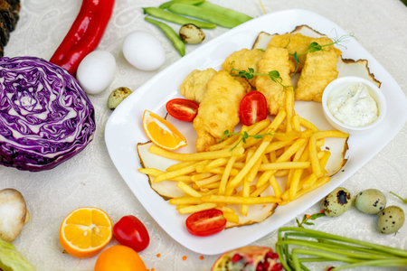 Breaded chicken with French fries and sauce